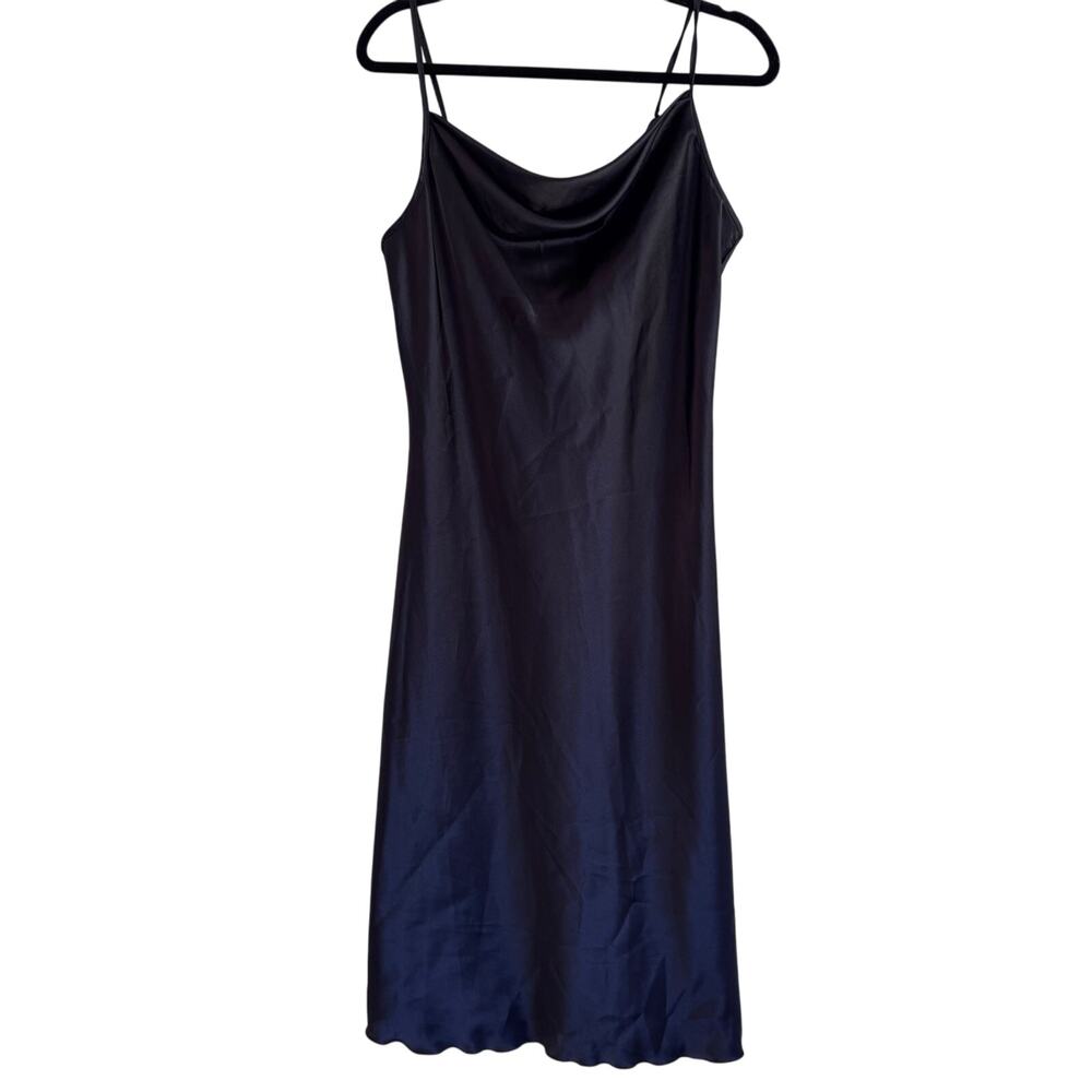 Bebe Black Satin Slip Midi Dress Size Large Cowl Neck Spaghetti Strap USA